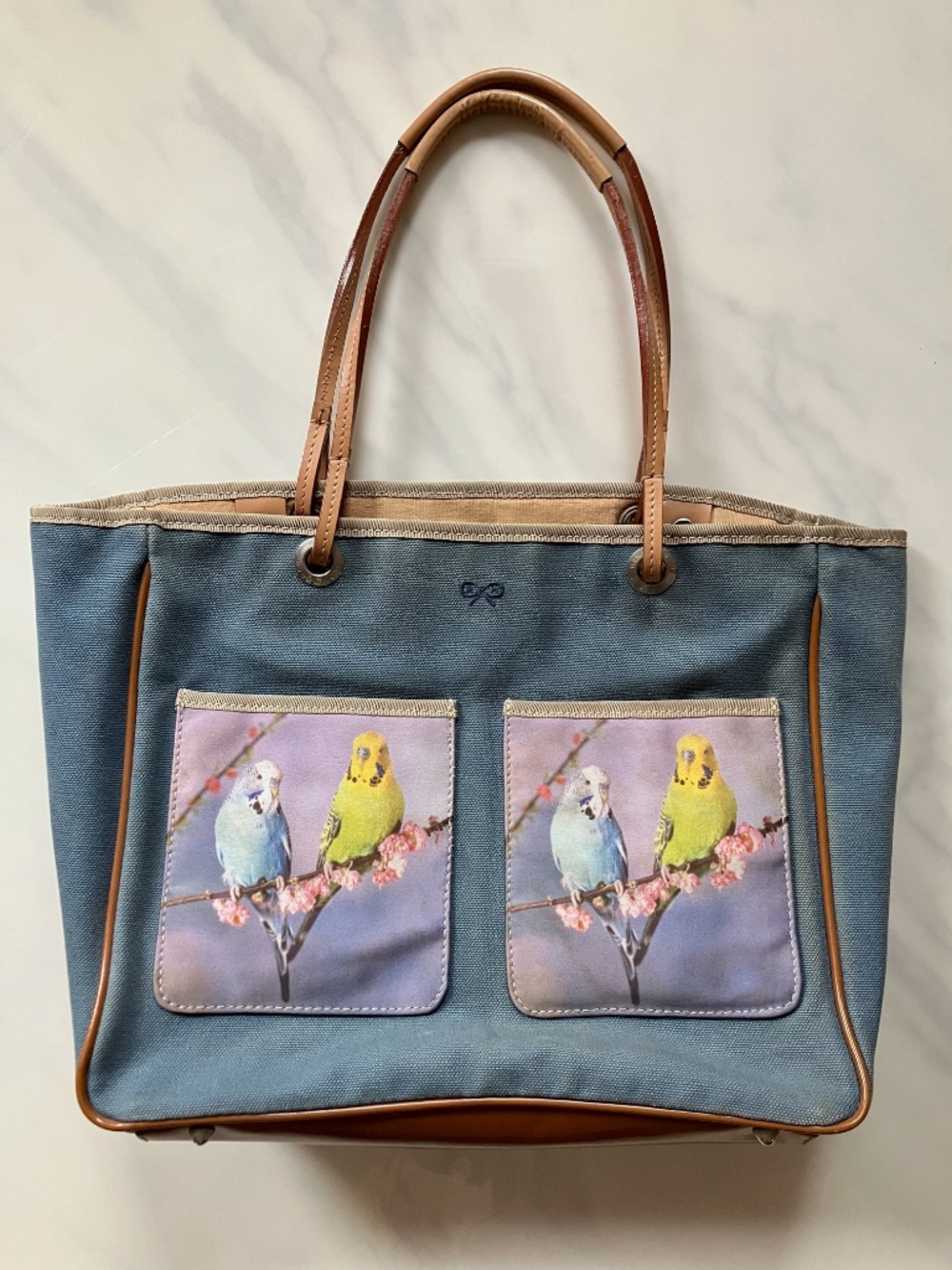 Anya Hindmarch Teal Canvas Tote w/Bird Parakeet Pockets